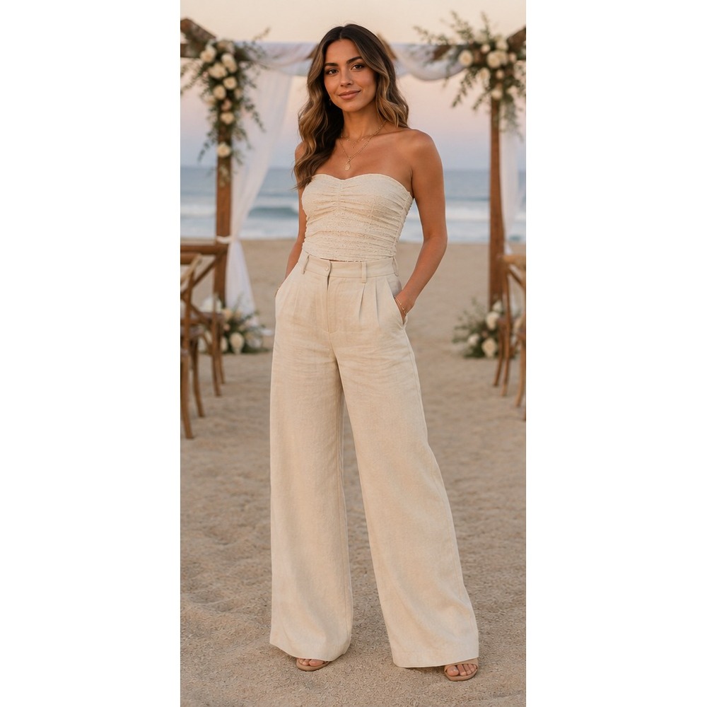 OGL Off White European Linen Mid Rise Flared Pant Size XS Regular Length Luxury - Picture 1 of 5